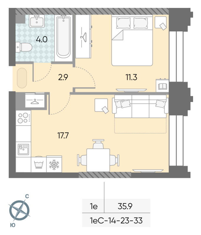 2 ккв (Евро) 35,9 м²