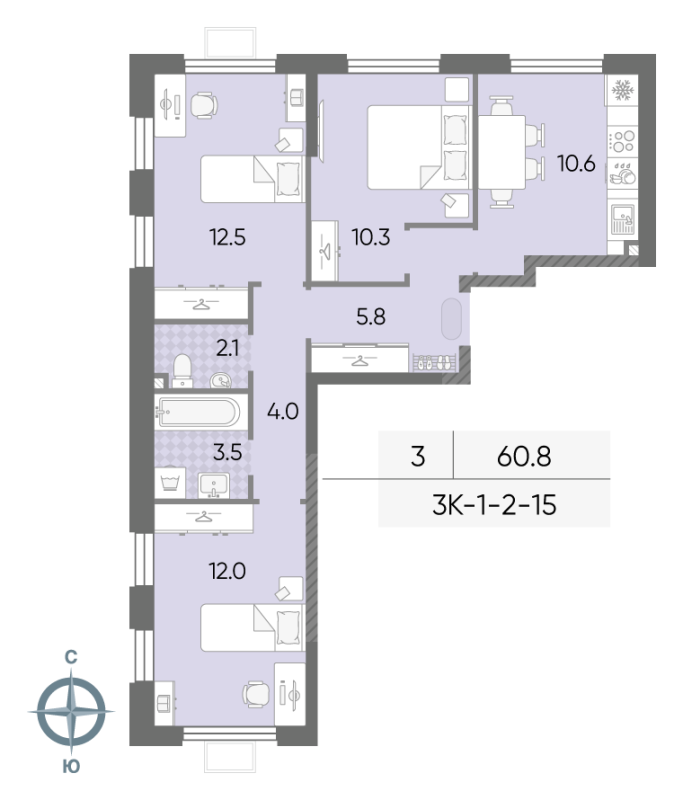 3 ккв 60,8 м²