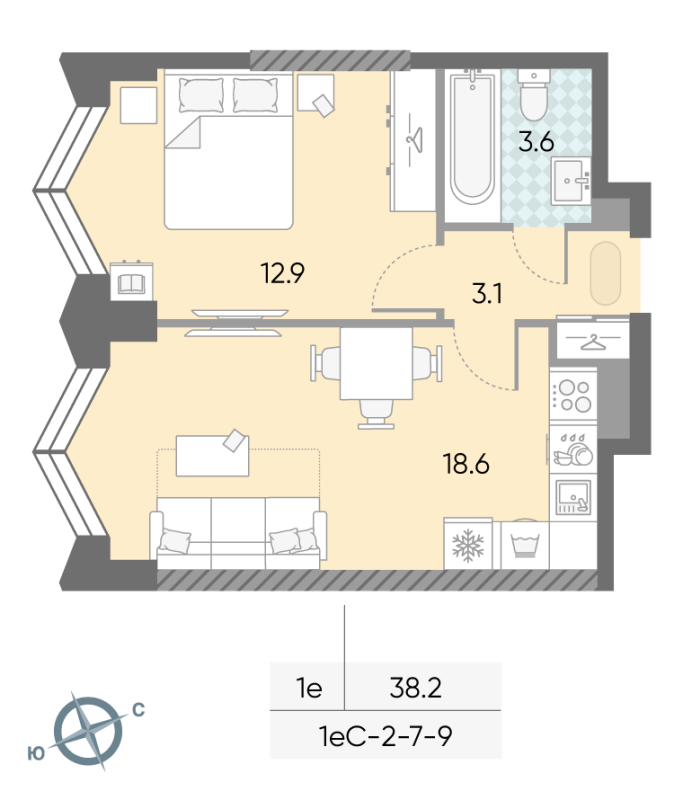 2 ккв (Евро) 38,2 м²