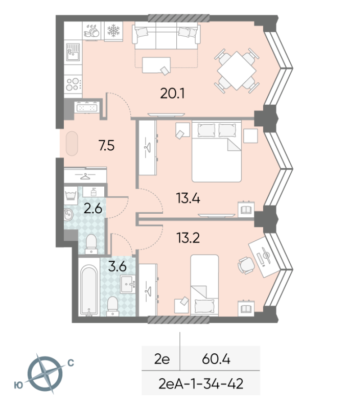 3 ккв (Евро) 60,4 м²