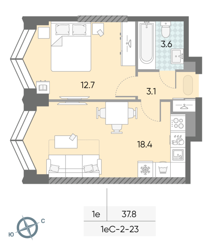 2 ккв (Евро) 37,8 м²
