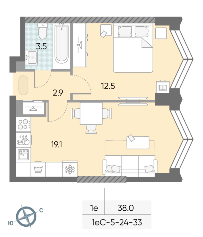 2 ккв (Евро) 38 м²