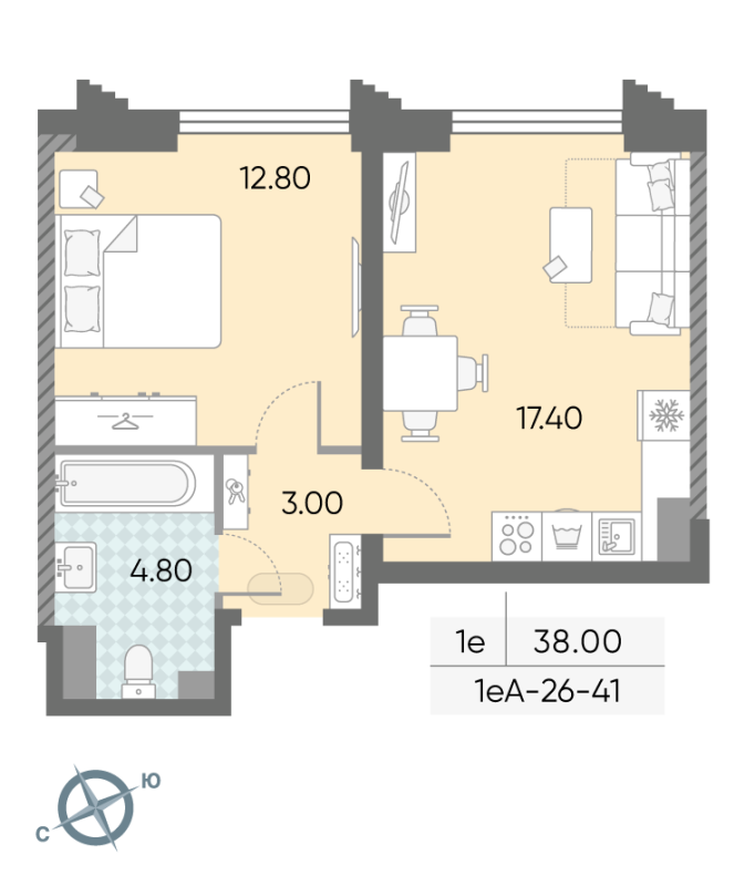 2 ккв (Евро) 38 м²