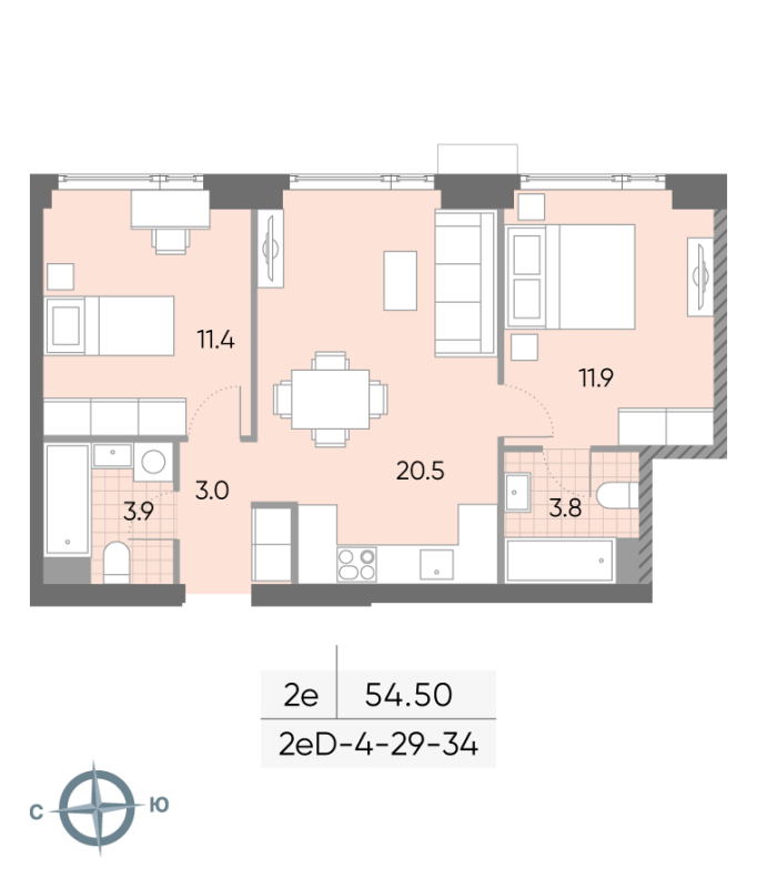 3 ккв (Евро) 55 м²