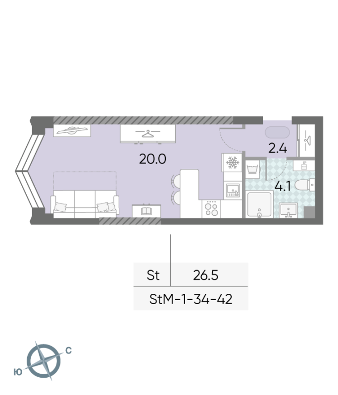 Студия 26,5 м²