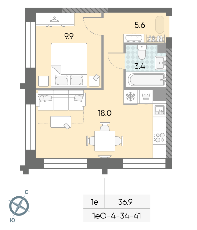 2 ккв (Евро) 36,9 м²