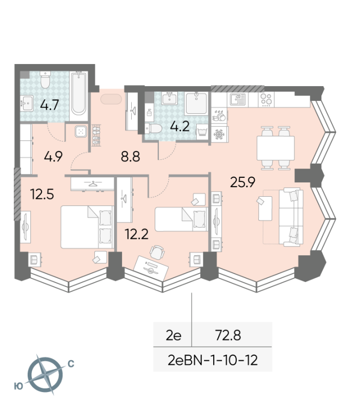 3 ккв (Евро) 72,8 м²