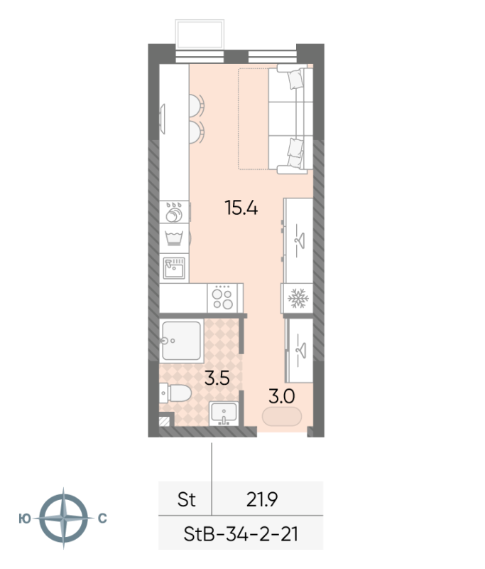 Студия 21,9 м²