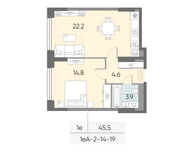 2 ккв (Евро) 45,5 м²