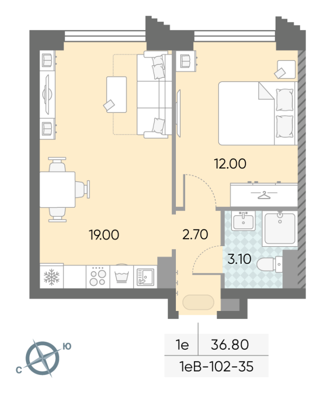 2 ккв (Евро) 36,8 м²