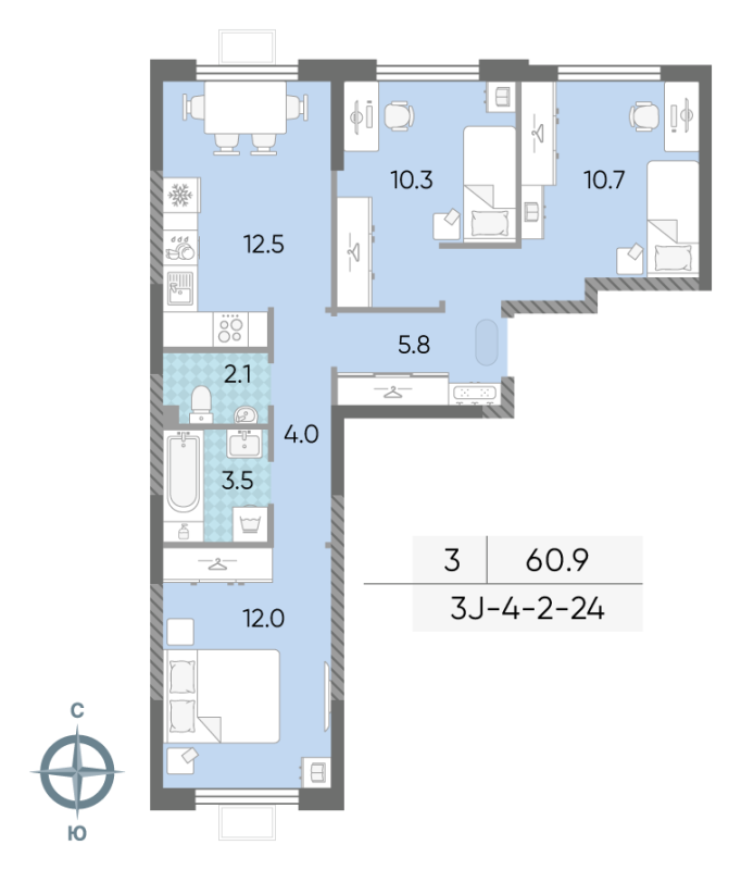3 ккв 60,8 м²