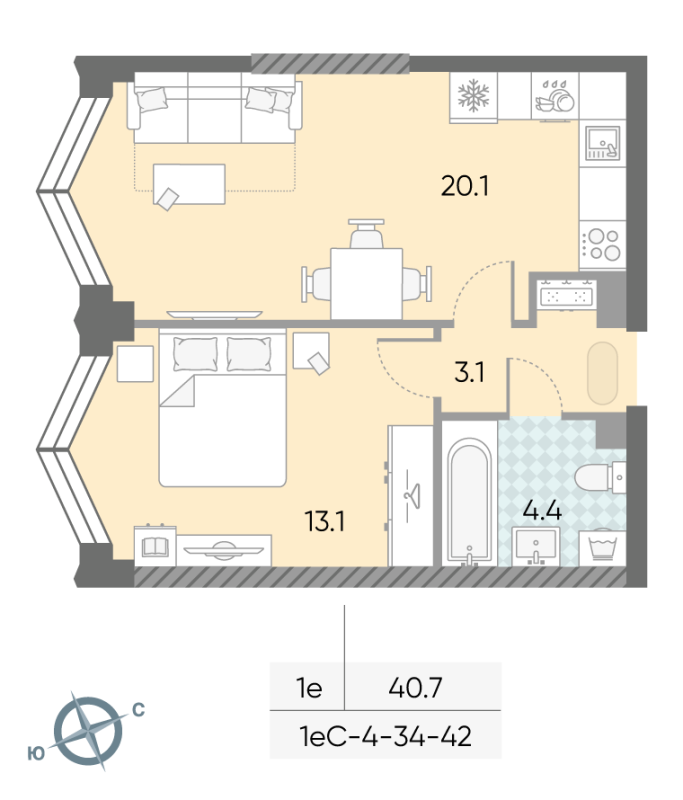 2 ккв (Евро) 40,7 м²