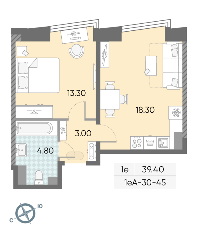 2 ккв (Евро) 39,4 м²