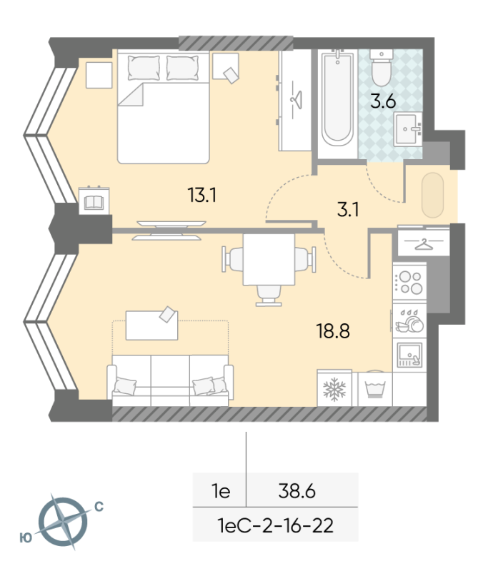 2 ккв (Евро) 38,6 м²