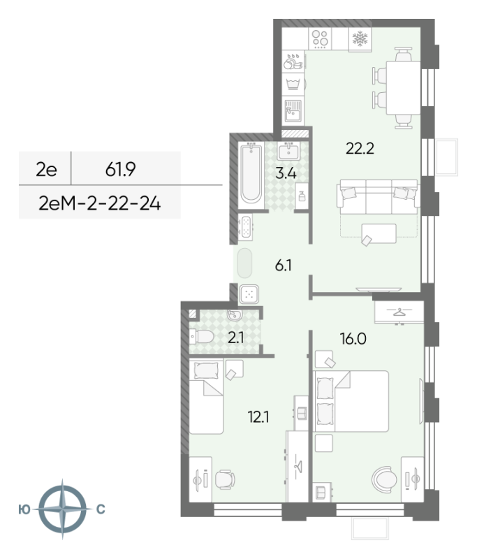 3 ккв (Евро) 61,9 м²
