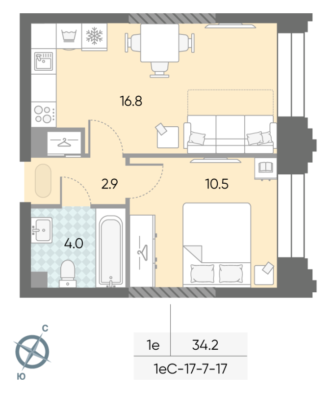 2 ккв (Евро) 34,2 м²