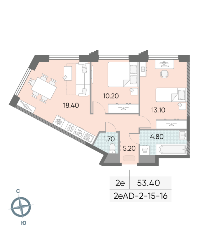 3 ккв (Евро) 53,4 м²
