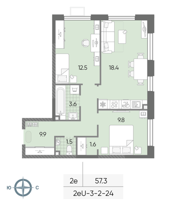 3 ккв (Евро) 57,3 м²