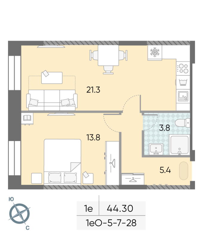 2 ккв (Евро) 44,2 м²