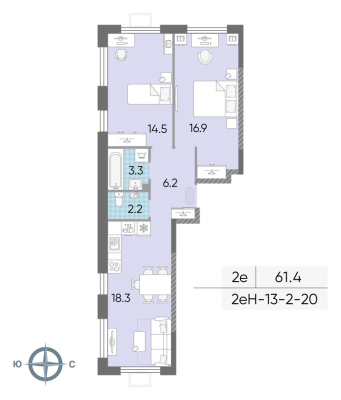 3 ккв (Евро) 60,8 м²