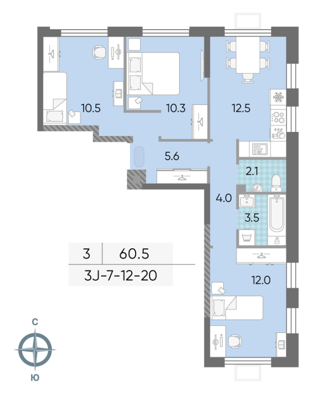 3 ккв 60,7 м²