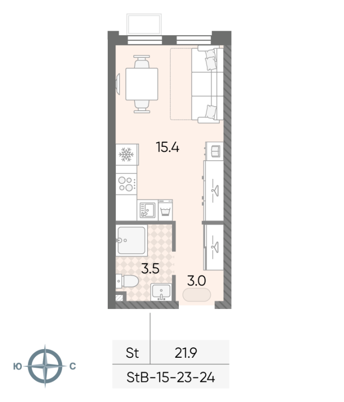 Студия 21,9 м²