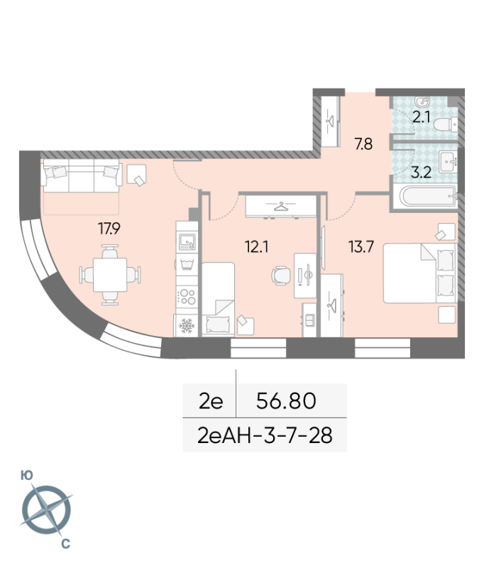 3 ккв (Евро) 56,9 м²