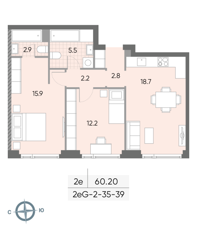 3 ккв (Евро) 60,8 м²
