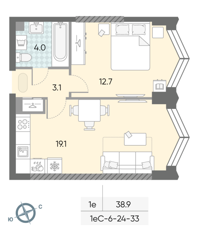 2 ккв (Евро) 38,9 м²