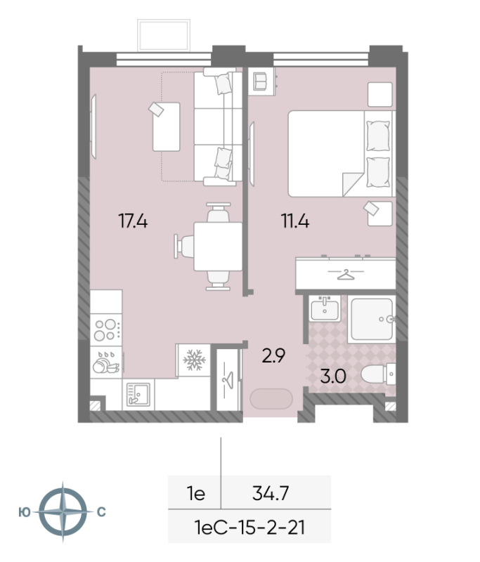 2 ккв (Евро) 34,7 м²