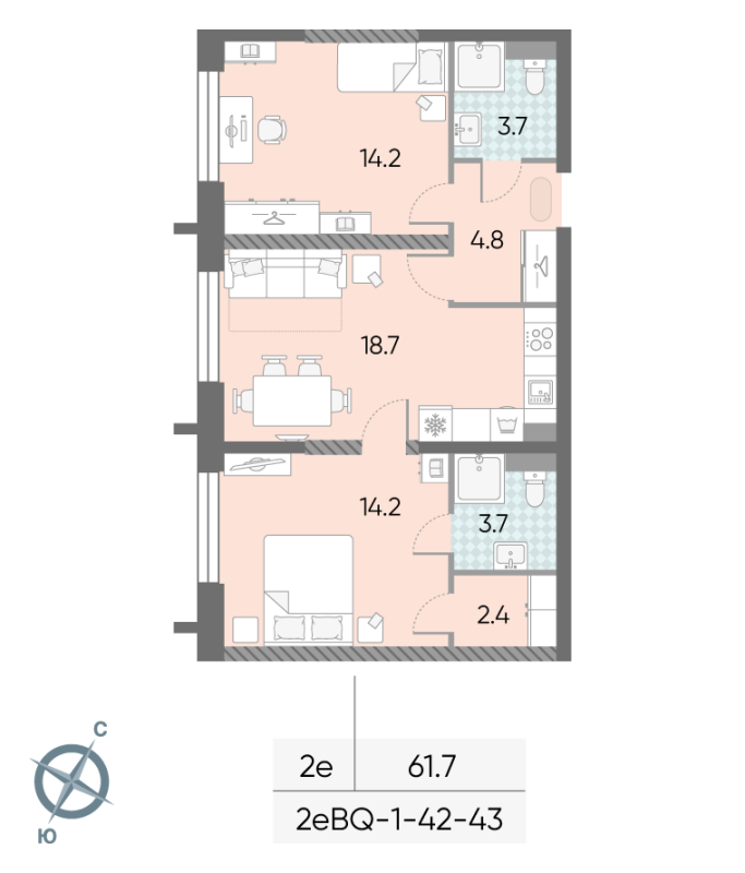 3 ккв (Евро) 61,7 м²
