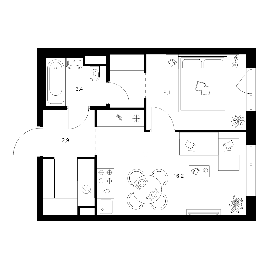2 ккв (Евро) 37,2 м²