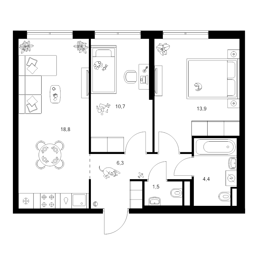 3 ккв (Евро) 55,6 м²