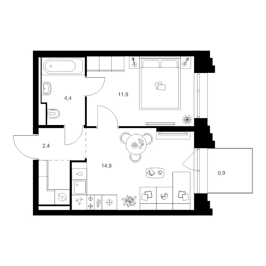 1 ккв 36,7 м²