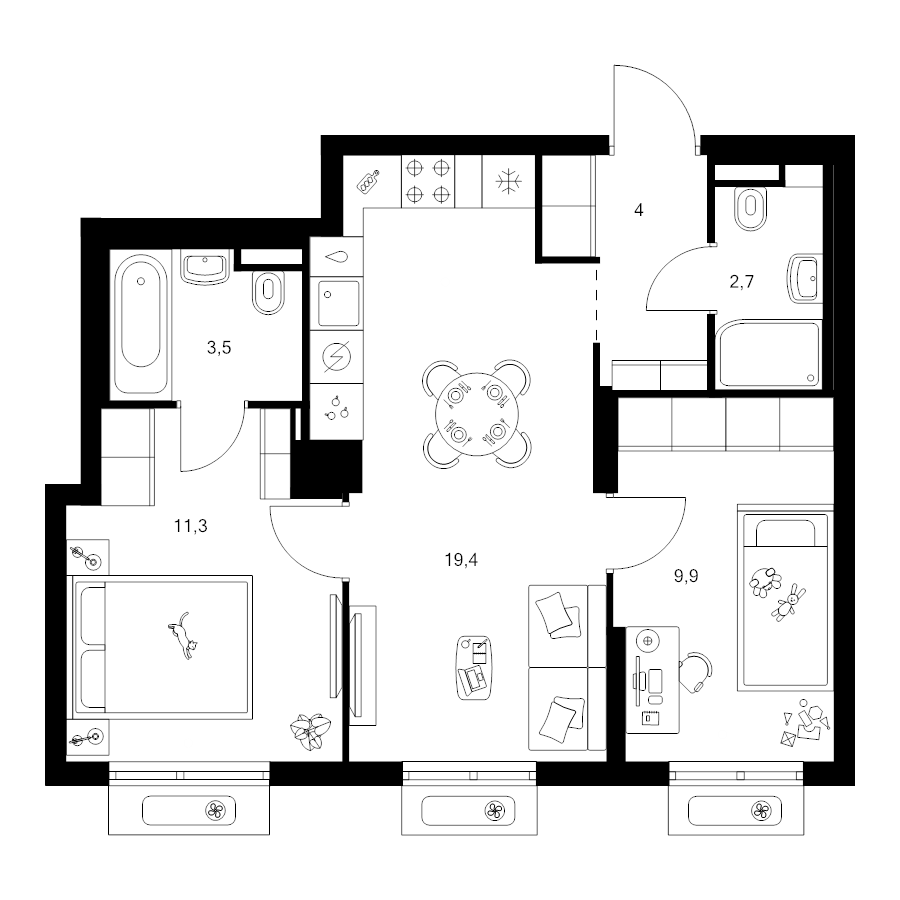 3 ккв (Евро) 50,8 м²