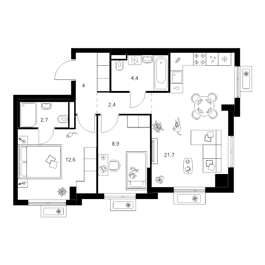 3 ккв (Евро) 56,7 м²
