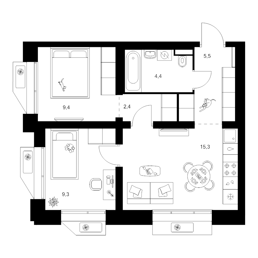 3 ккв (Евро) 46,3 м²