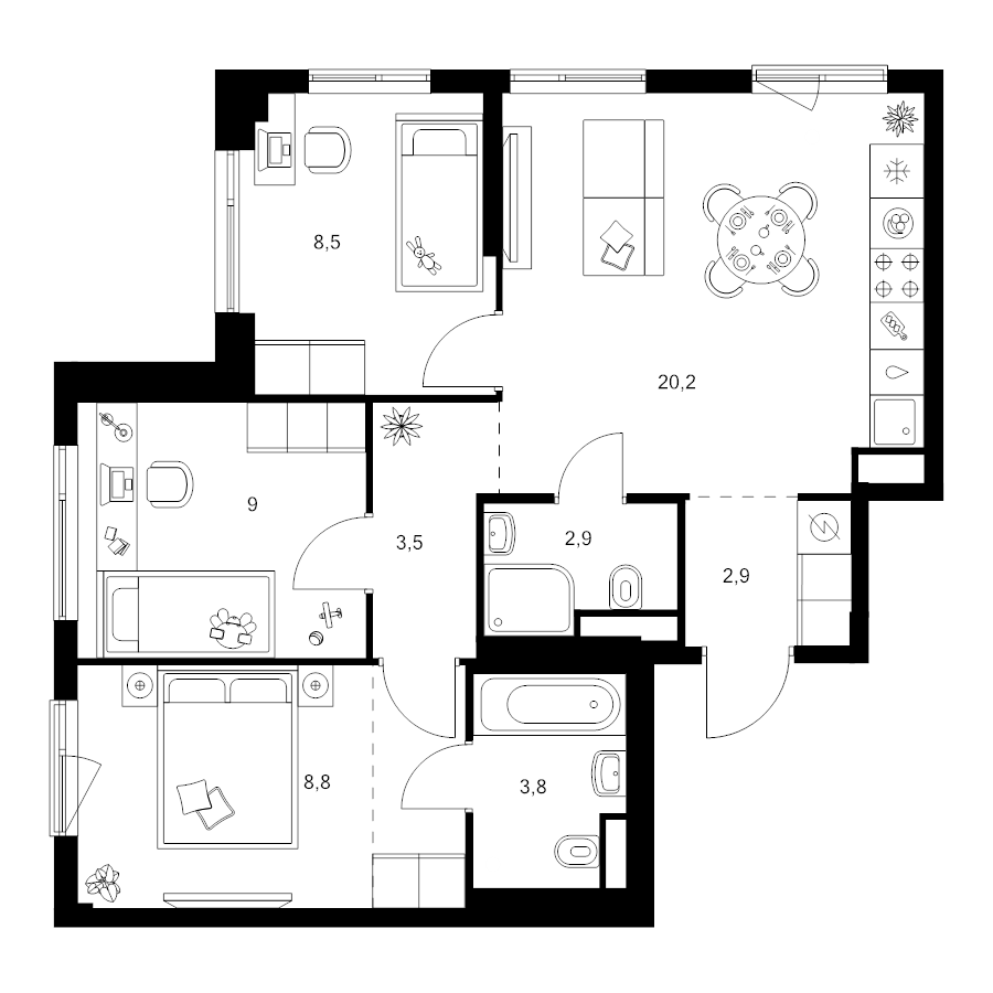 4 ккв (Евро) 62,3 м²