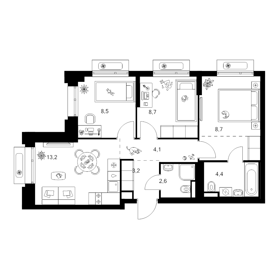 3 ккв 57 м²