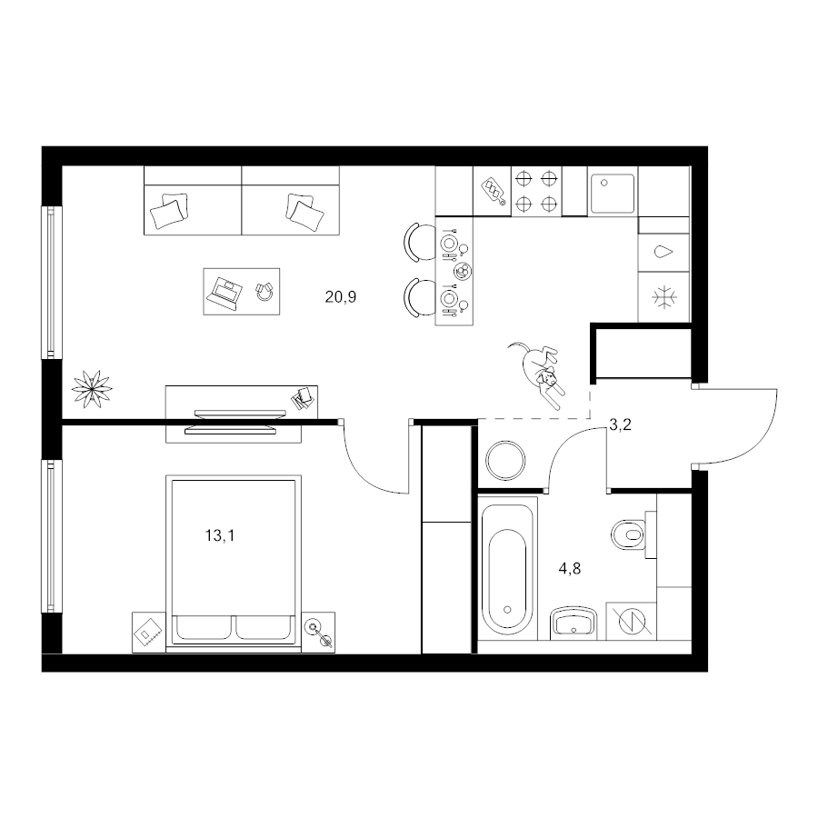 2 ккв (Евро) 42 м²
