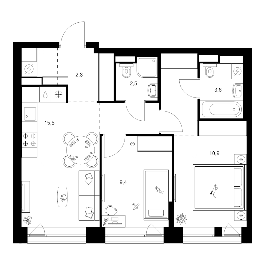 3 ккв (Евро) 54,8 м²