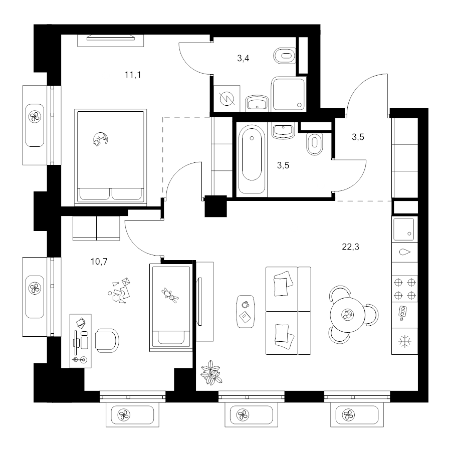 3 ккв (Евро) 57,4 м²