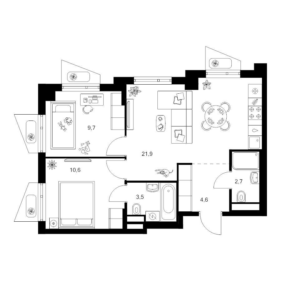 3 ккв (Евро) 53 м²