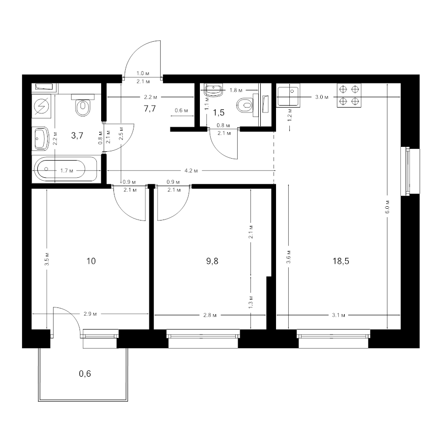 3 ккв (Евро) 51,8 м²