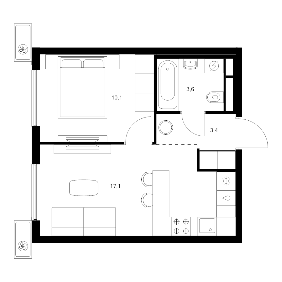 2 ккв (Евро) 34,2 м²
