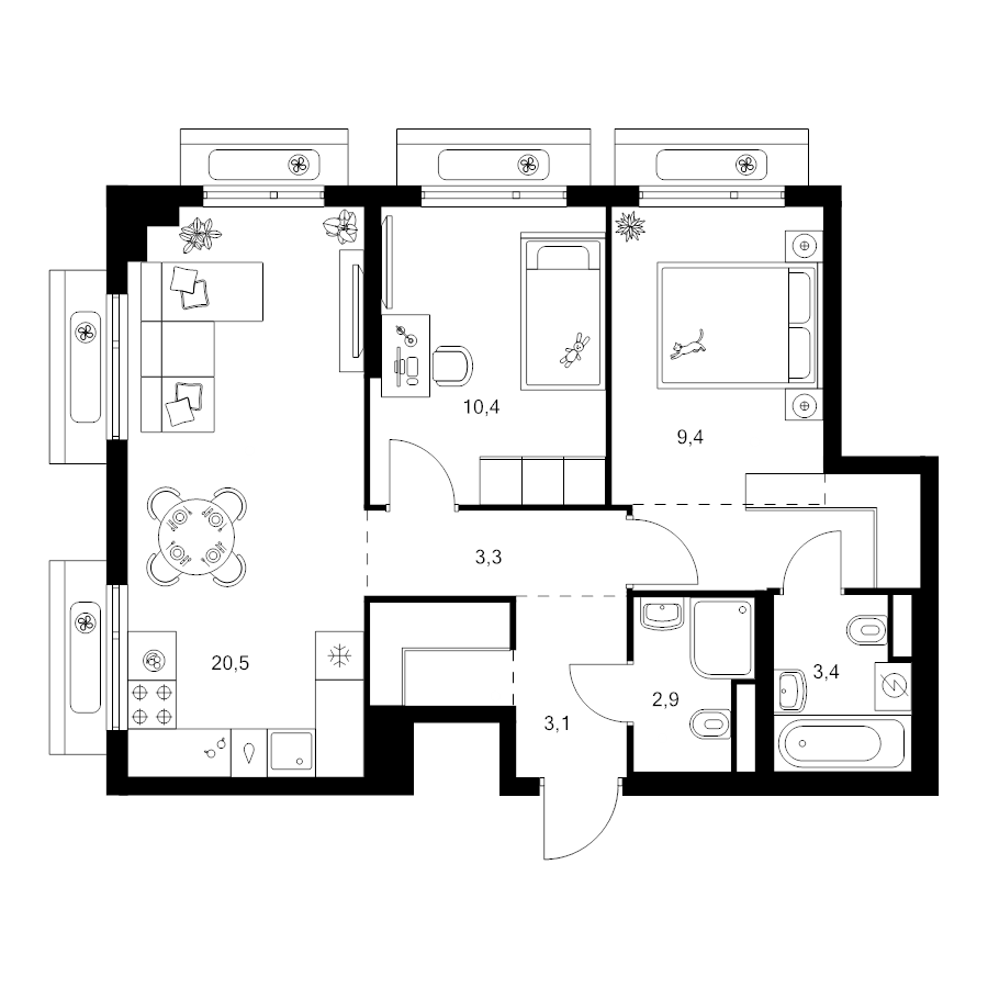 3 ккв (Евро) 59,8 м²