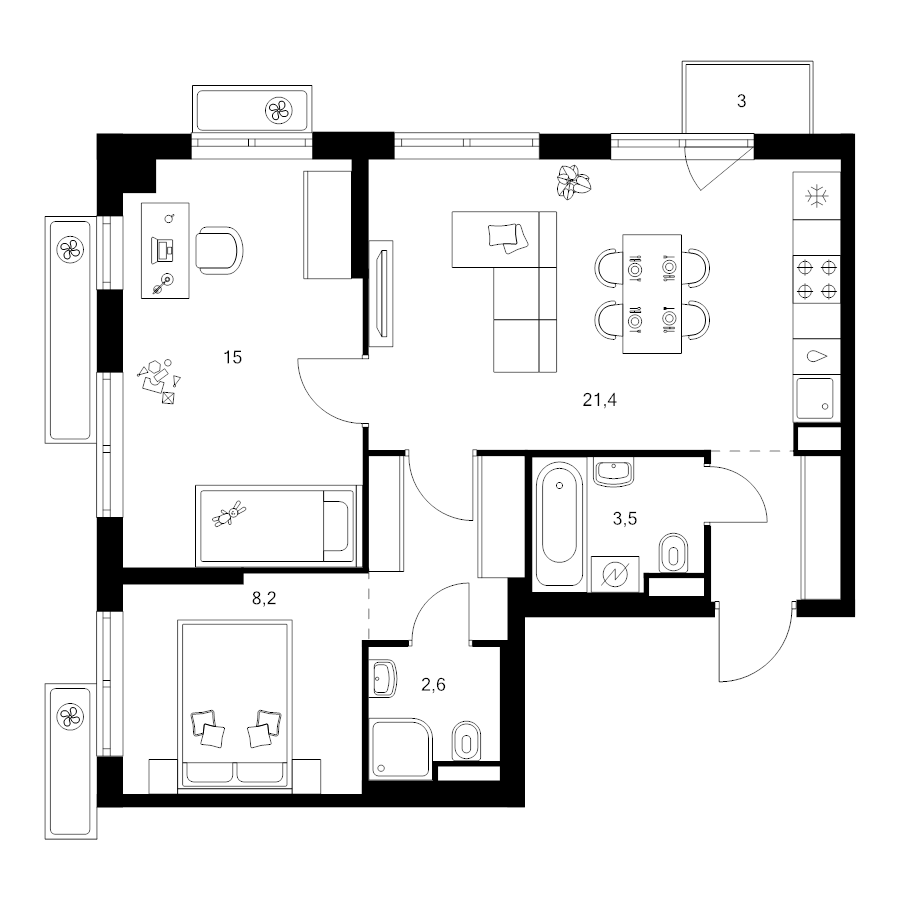 3 ккв (Евро) 58,5 м²