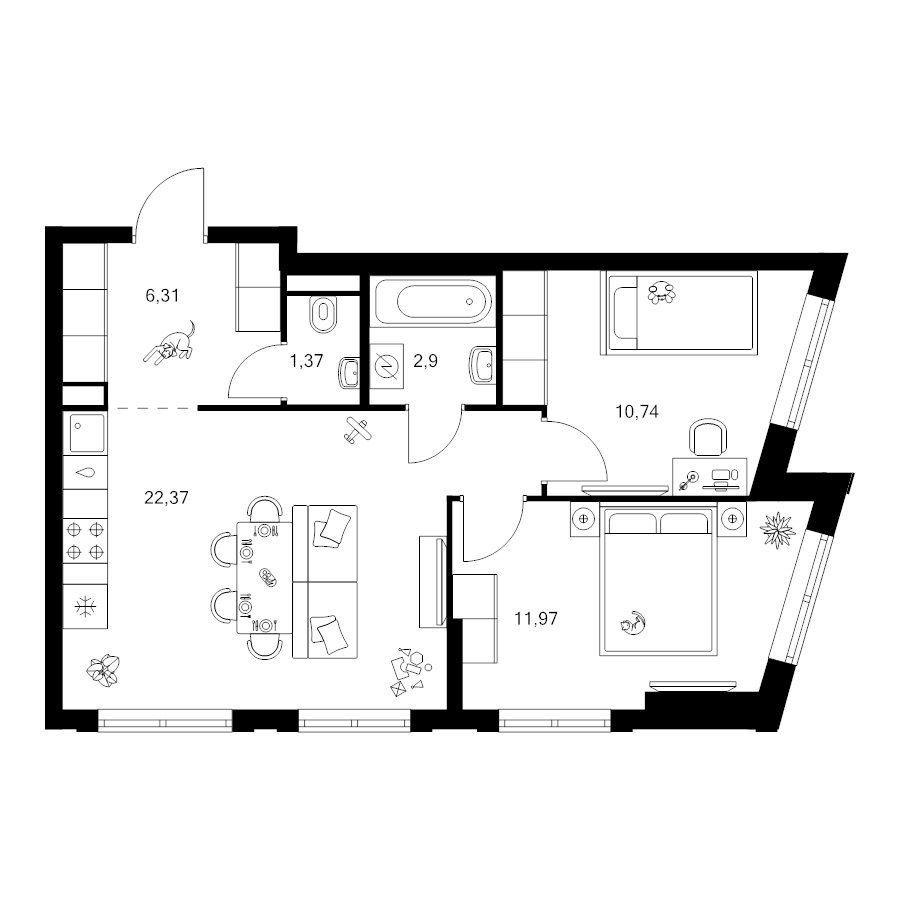 3 ккв (Евро) 55,7 м²
