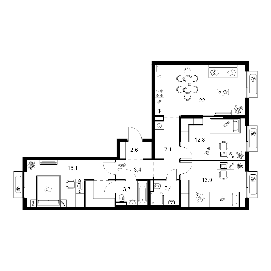 4 ккв (Евро) 87,6 м²