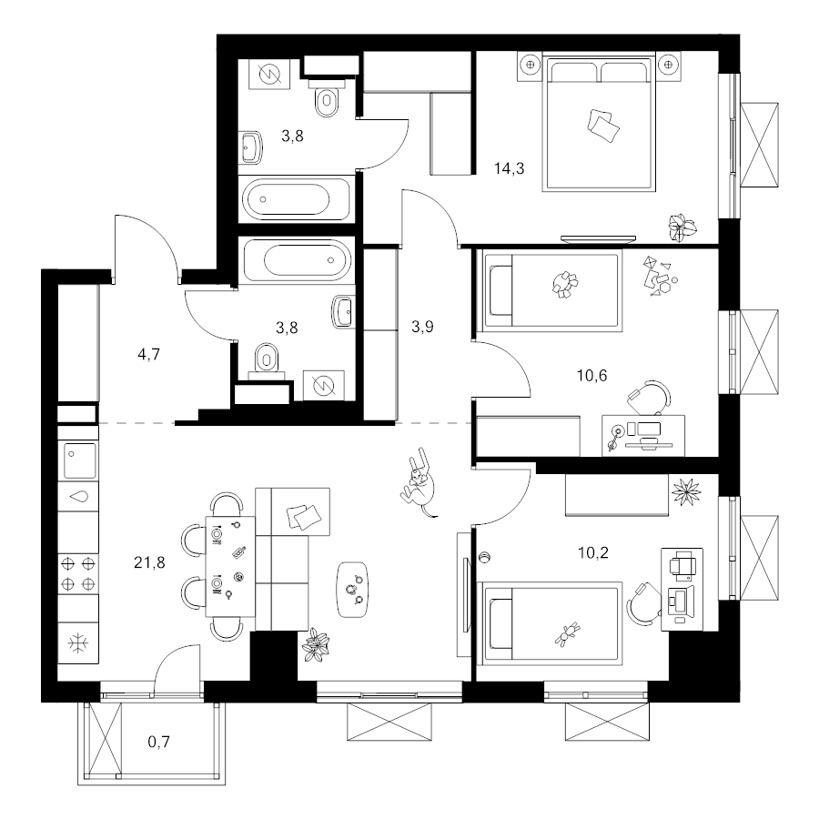 4 ккв (Евро) 73,8 м²